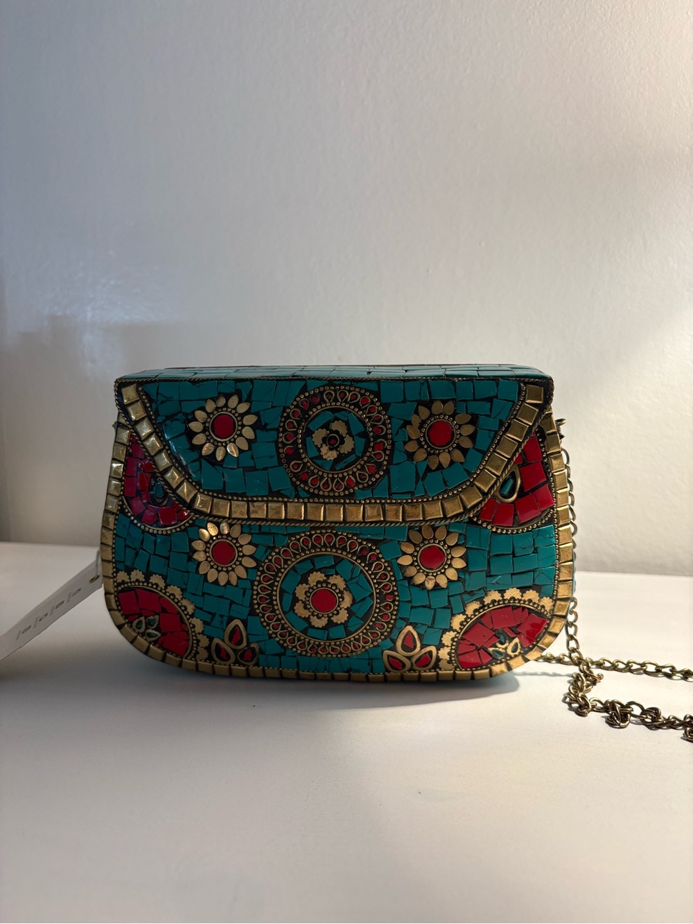 Antik Kraft Turquoise and Red Mosaic Embellished Clutch